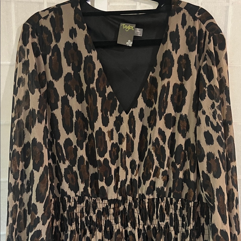Taylor Black and Brown Animal Print Long Sleeve Dress